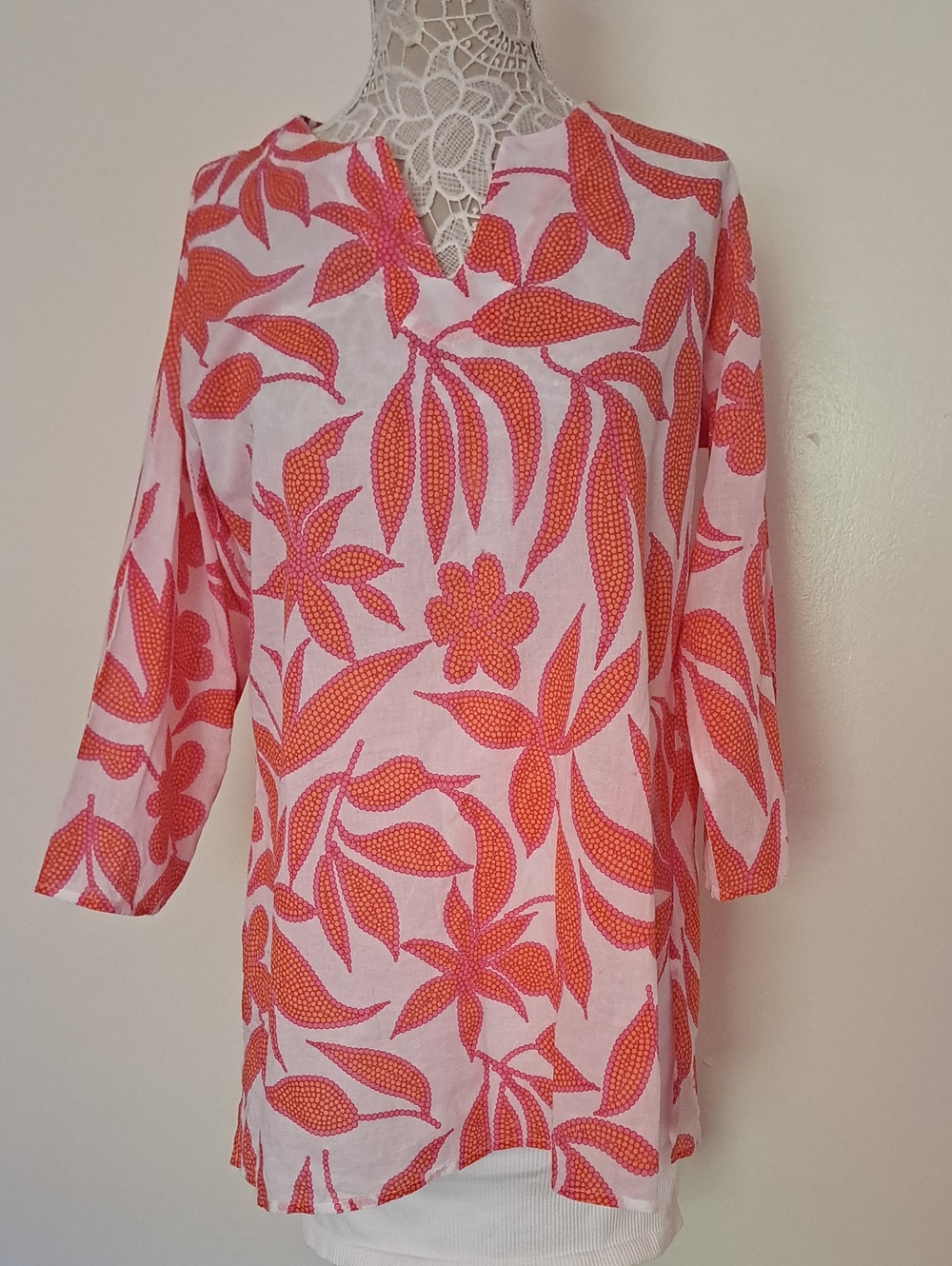 Kikisol Women's Pink Tunic Top with Orange Floral Print Relaxed Fit 100% Cotton